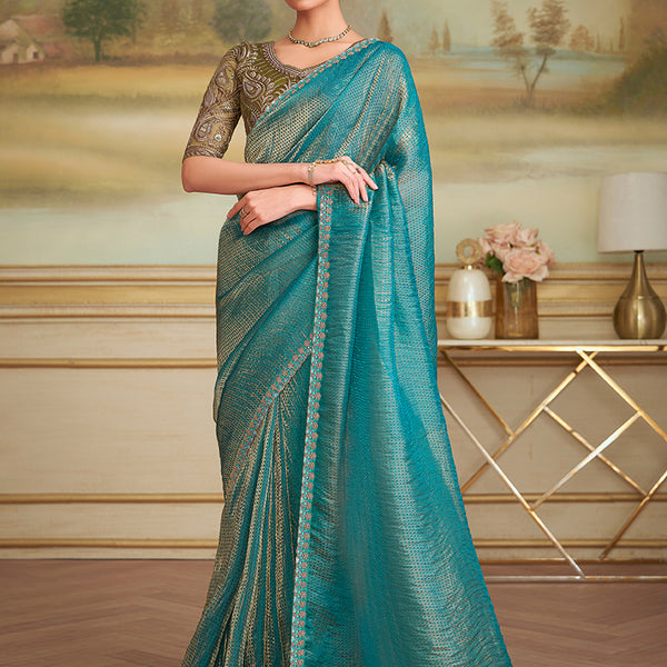 Monjolika Fashion Turquoise Checks Georgette Embroidered Border Party Trendy Saree - Distacart