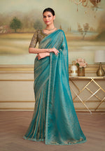 Thumbnail for Monjolika Fashion Turquoise Checks Georgette Embroidered Border Party Trendy Saree - Distacart