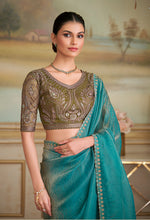Thumbnail for Monjolika Fashion Turquoise Checks Georgette Embroidered Border Party Trendy Saree - Distacart