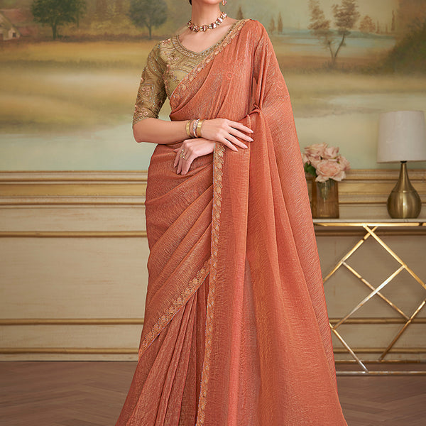 Monjolika Fashion Dark Peach Gold Georgette Embroidered Border Party Trendy Saree - Distacart
