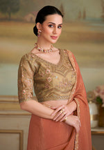 Thumbnail for Monjolika Fashion Dark Peach Gold Georgette Embroidered Border Party Trendy Saree - Distacart