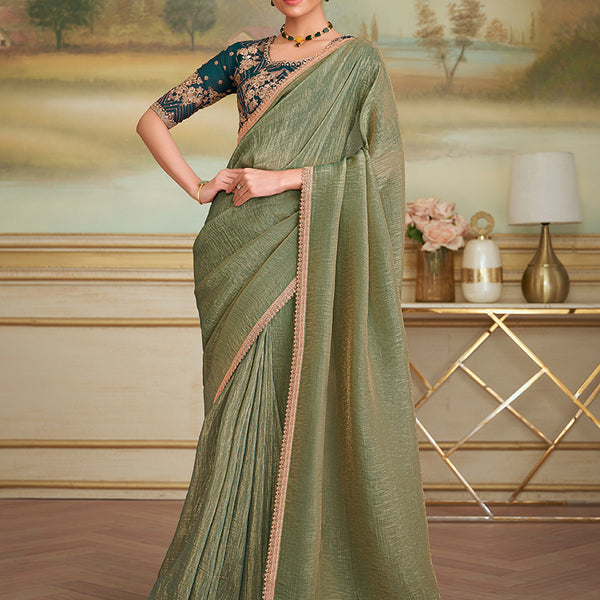 Monjolika Fashion Pista Green Gold Georgette Embroidered Border Party Trendy Saree - Distacart