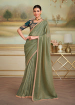 Thumbnail for Monjolika Fashion Pista Green Gold Georgette Embroidered Border Party Trendy Saree - Distacart