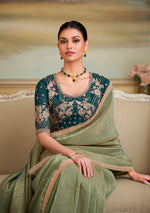 Thumbnail for Monjolika Fashion Pista Green Gold Georgette Embroidered Border Party Trendy Saree - Distacart