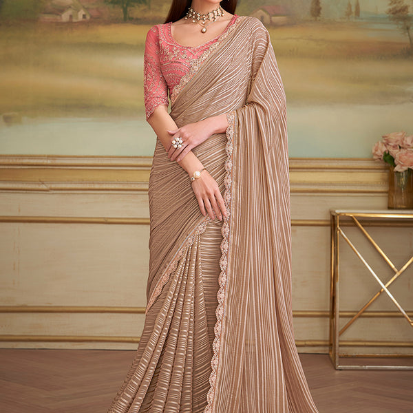 Monjolika Fashion Chiku Gold Satin Georgette Embroidered Border Party Trendy Saree - Distacart