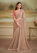 Thumbnail for Monjolika Fashion Chiku Gold Satin Georgette Embroidered Border Party Trendy Saree - Distacart