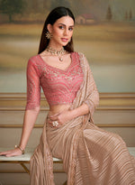 Thumbnail for Monjolika Fashion Chiku Gold Satin Georgette Embroidered Border Party Trendy Saree - Distacart