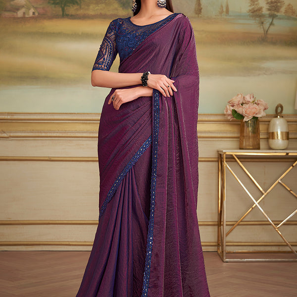 Monjolika Fashion Dark Magenta Twin Shaded Georgette Embroidered Border Party Trendy Saree - Distacart