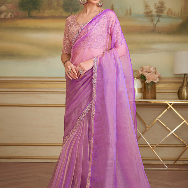 Monjolika Fashion Lilac Tissue Georgette Embroidered Border Party Trendy Saree - Distacart