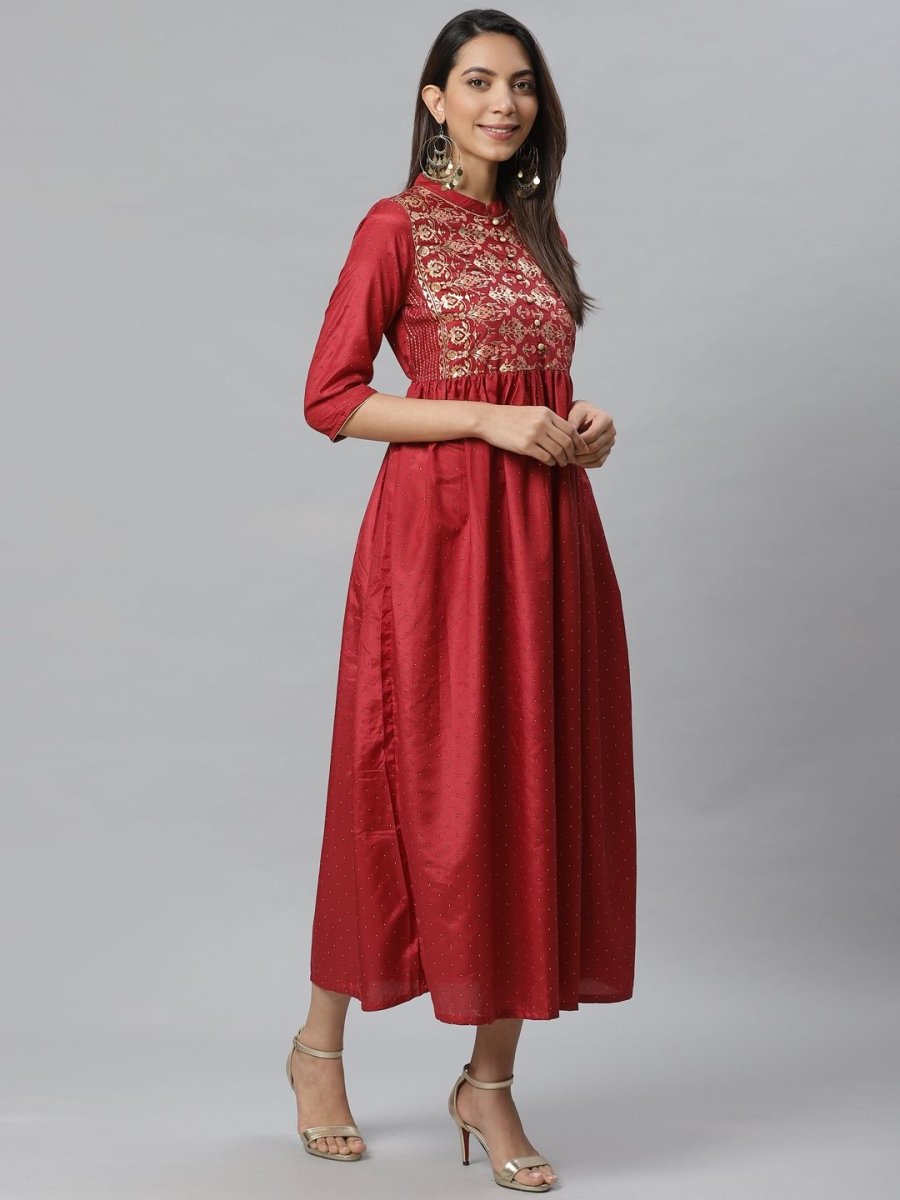 AURELIA Women Maroon & Golden Embellished A-Line Dress - Distacart