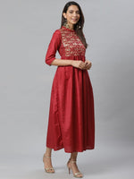 Thumbnail for AURELIA Women Maroon & Golden Embellished A-Line Dress - Distacart