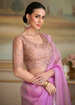 Thumbnail for Monjolika Fashion Lilac Tissue Georgette Embroidered Border Party Trendy Saree - Distacart