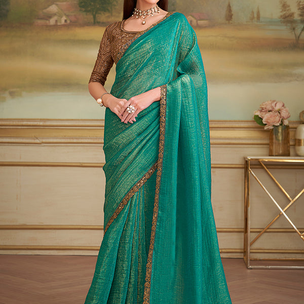 Monjolika Fashion Sea Green Gold Georgette Embroidered Border Party Trendy Saree - Distacart
