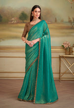 Thumbnail for Monjolika Fashion Sea Green Gold Georgette Embroidered Border Party Trendy Saree - Distacart