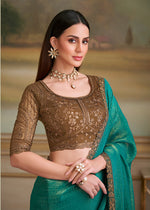 Thumbnail for Monjolika Fashion Sea Green Gold Georgette Embroidered Border Party Trendy Saree - Distacart