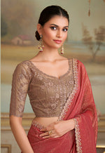 Thumbnail for Monjolika Fashion Rust Gold Georgette Embroidered Border Party Trendy Saree - Distacart