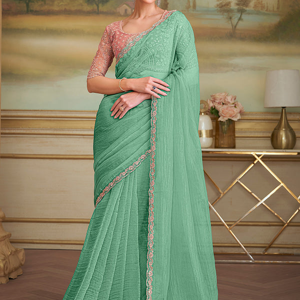 Monjolika Fashion Sky Blue Tissue Georgette Embroidered Border Party Trendy Saree - Distacart