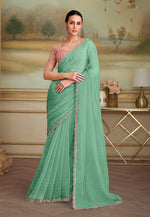 Thumbnail for Monjolika Fashion Sky Blue Tissue Georgette Embroidered Border Party Trendy Saree - Distacart