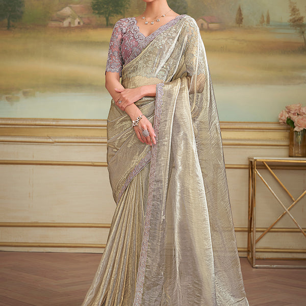Monjolika Fashion Beige Tissue Georgette Embroidered Border Party Trendy Saree - Distacart