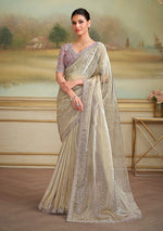 Thumbnail for Monjolika Fashion Beige Tissue Georgette Embroidered Border Party Trendy Saree - Distacart