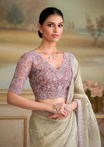 Thumbnail for Monjolika Fashion Beige Tissue Georgette Embroidered Border Party Trendy Saree - Distacart