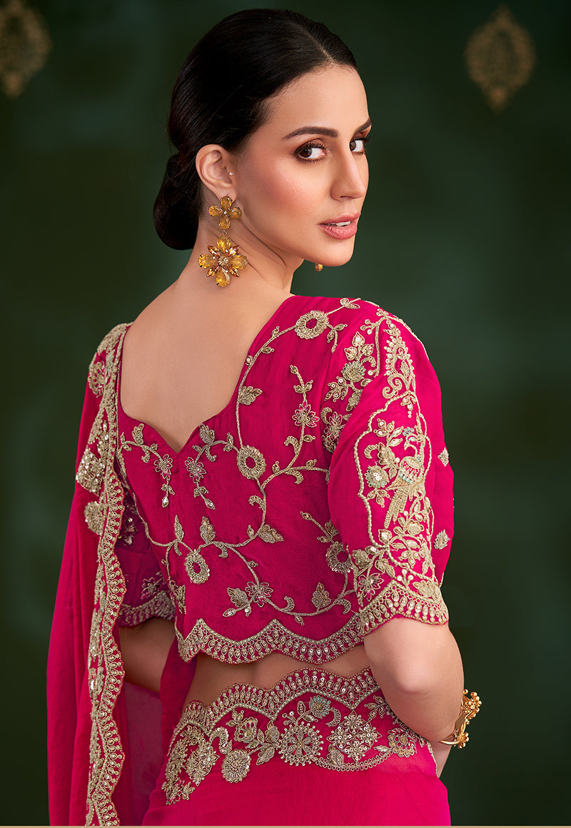 Monjolika Fashion Rani Pink Color Shining Silk Georgette Saree With Heavy Work Blouse - Distacart