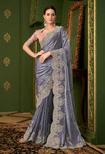 Thumbnail for Monjolika Fashion Grey Color Shining Satin Georgette Saree With Heavy Work Blouse - Distacart
