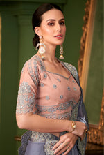 Thumbnail for Monjolika Fashion Grey Color Shining Satin Georgette Saree With Heavy Work Blouse - Distacart