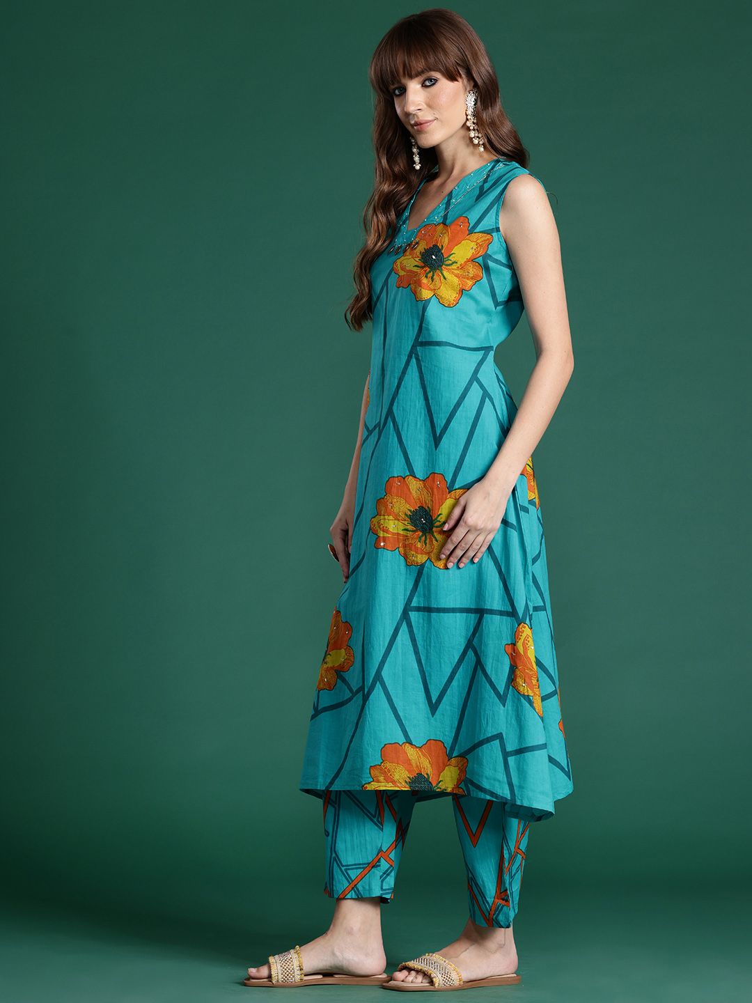 Indo Era Floral Printed Pure Cotton Kurta with Trousers