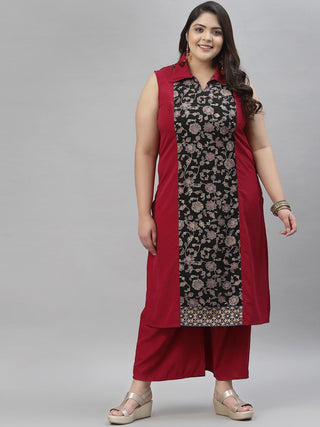 Sztori Plus Size Floral Printed Shirt Collar Straight Crepe Kurta with Palazzos