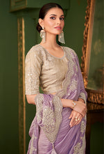 Thumbnail for Monjolika Fashion Lavender Color Viscose Georgette Silk Saree With Heavy Work Blouse - Distacart
