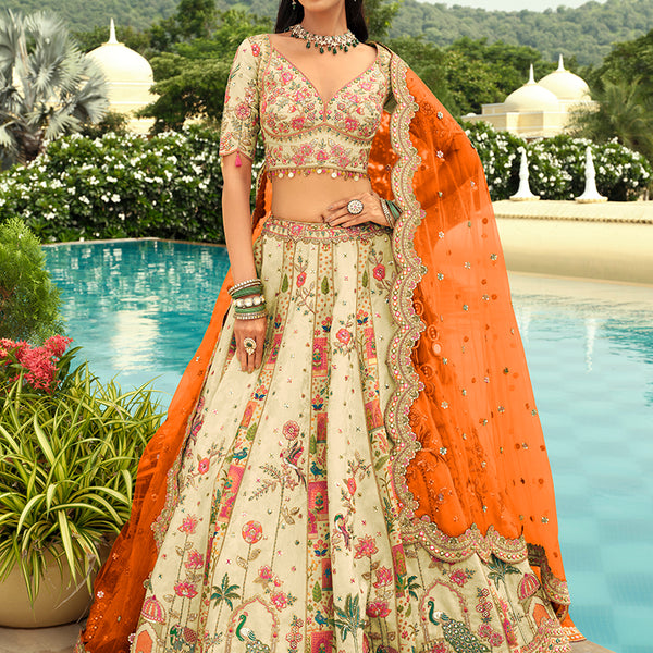Monjolika Fashion Readymade Lehenga Choli Heavy Work Embroidered Silk In Cream