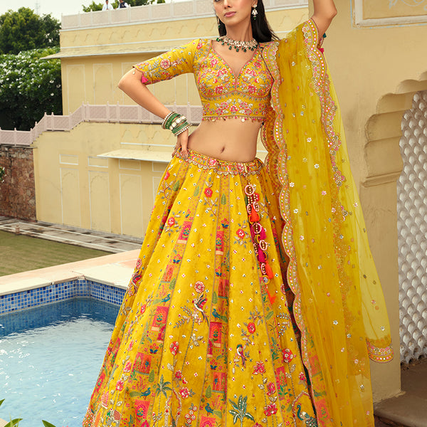 Monjolika Fashion Readymade Lehenga Choli Heavy Work Embroidered Silk In Yellow