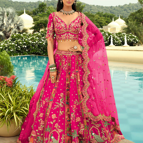 Monjolika Fashion Readymade Lehenga Choli Heavy Work Embroidered Silk In Rani Pink
