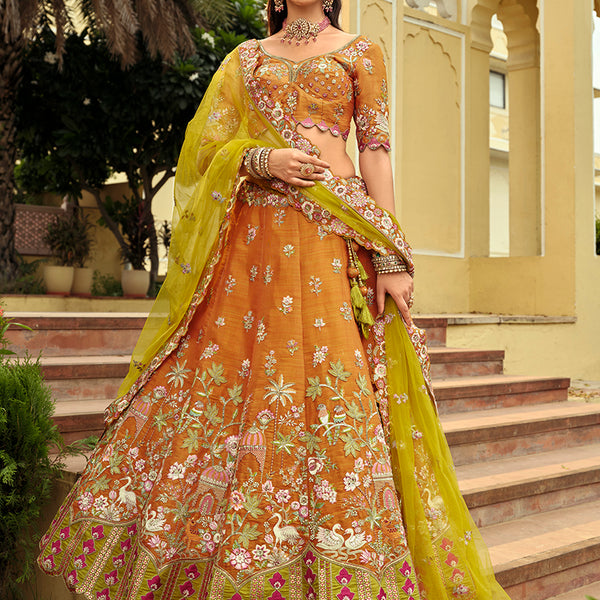 Monjolika Fashion Readymade Lehenga Choli Heavy Work Embroidered Silk In Amber