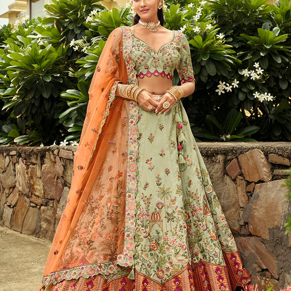 Monjolika Fashion Readymade Lehenga Choli Heavy Work Embroidered Silk In Pastel Green
