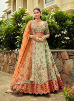 Thumbnail for Monjolika Fashion Readymade Lehenga Choli Heavy Work Embroidered Silk In Pastel Green