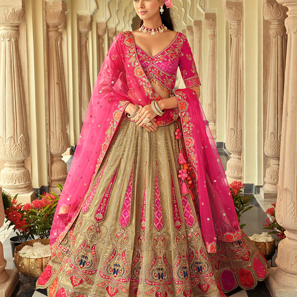 Monjolika Fashion Readymade Lehenga Choli Heavy Work Embroidered Silk In Olive Green
