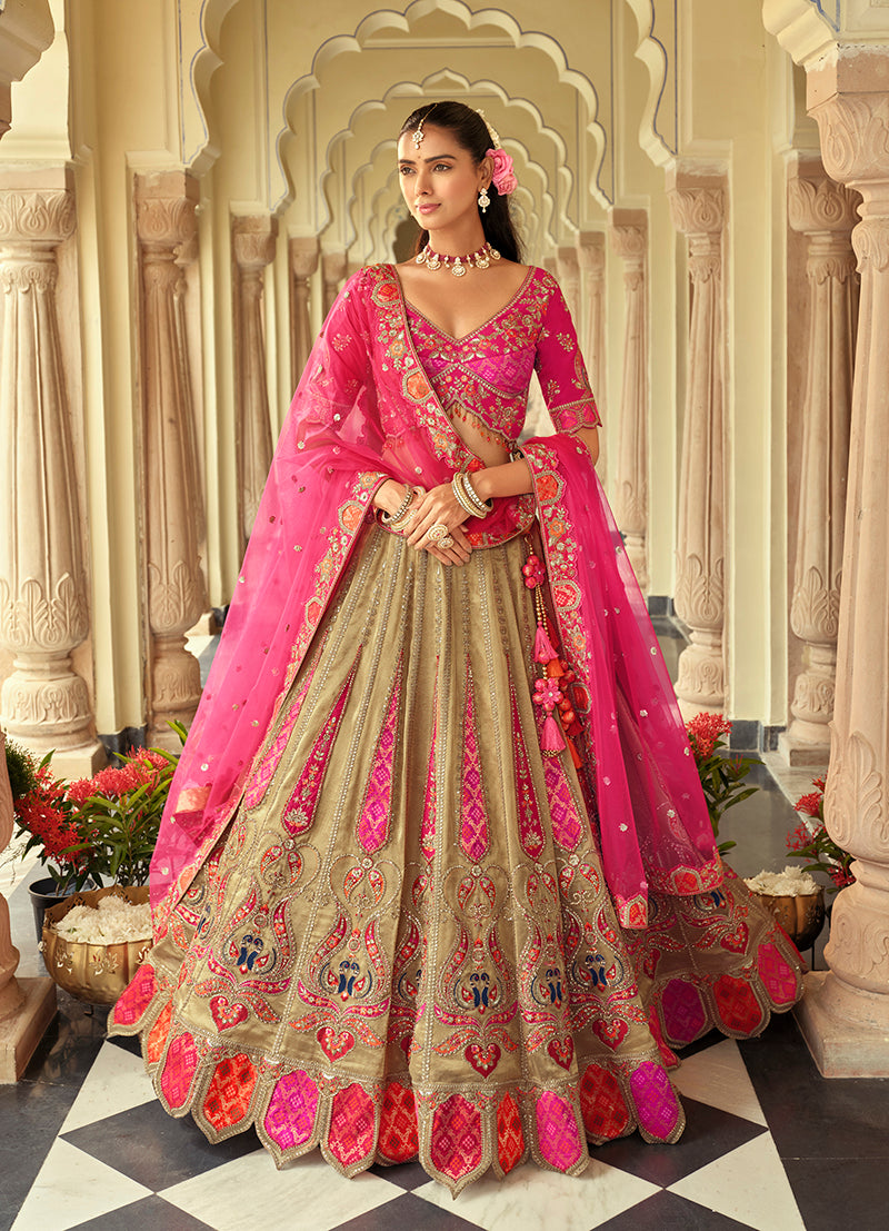 Monjolika Fashion Readymade Lehenga Choli Heavy Work Embroidered Silk In Olive Green