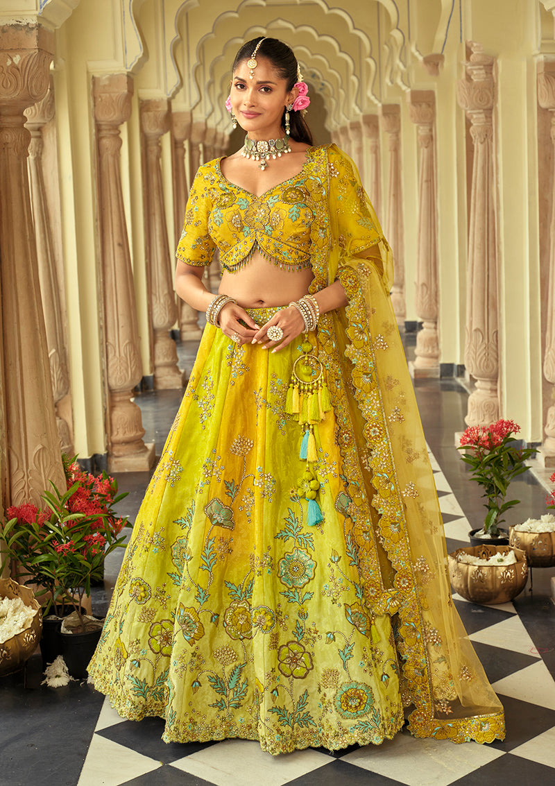 Monjolika Fashion Readymade Lehenga Choli Heavy Work Embroidered Silk In Lemon