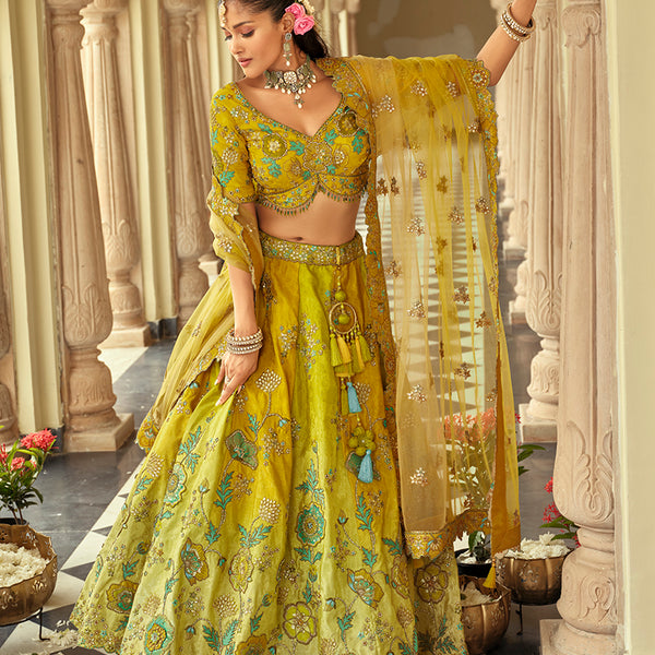 Monjolika Fashion Readymade Lehenga Choli Heavy Work Embroidered Silk In Lemon