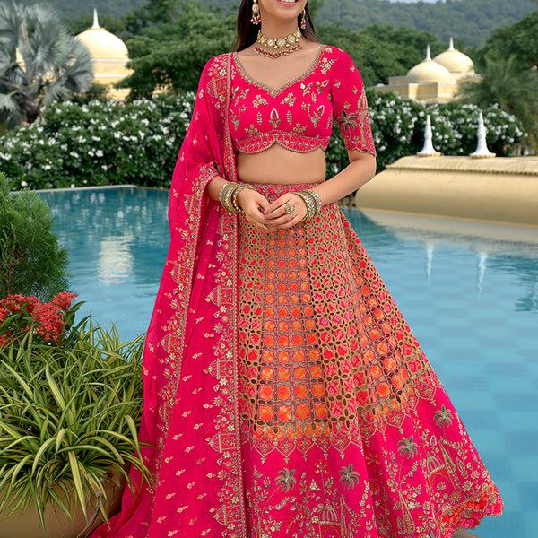 Monjolika Fashion Rani Pink Designer Embroidered Work Fancy Silk Wedding Lehenga Choli