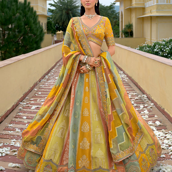 Monjolika Fashion Yellow Designer Embroidered Work Fancy Silk Wedding Lehenga Choli
