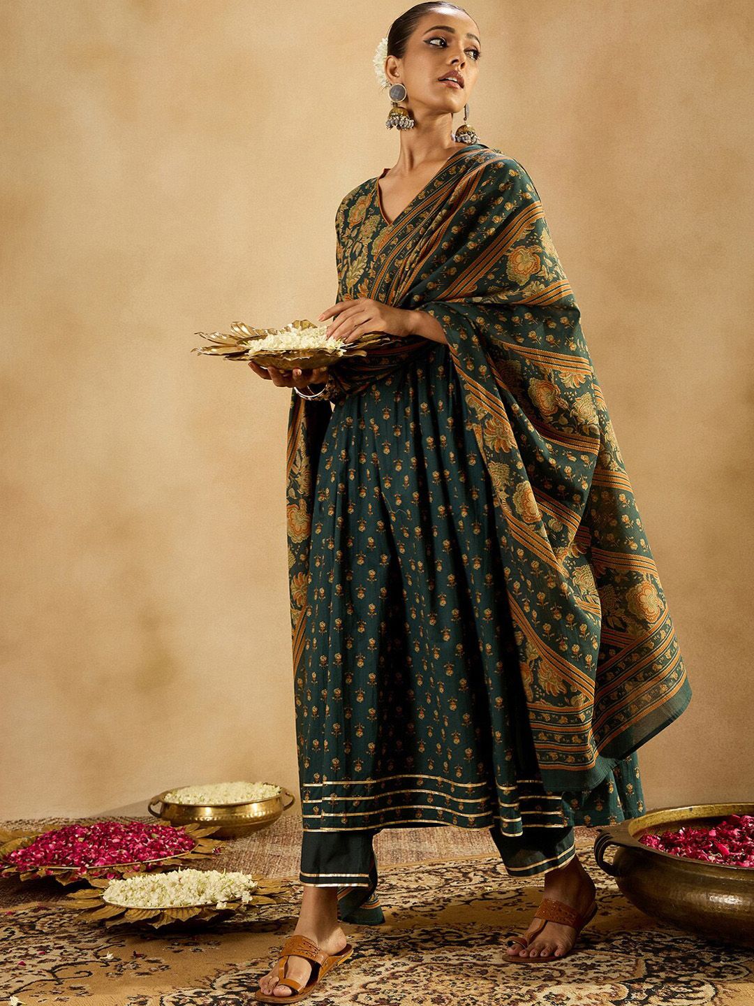 Indo Era Floral Printed Empire Pure Cotton A-Line Kurta With Trousers & Dupatta