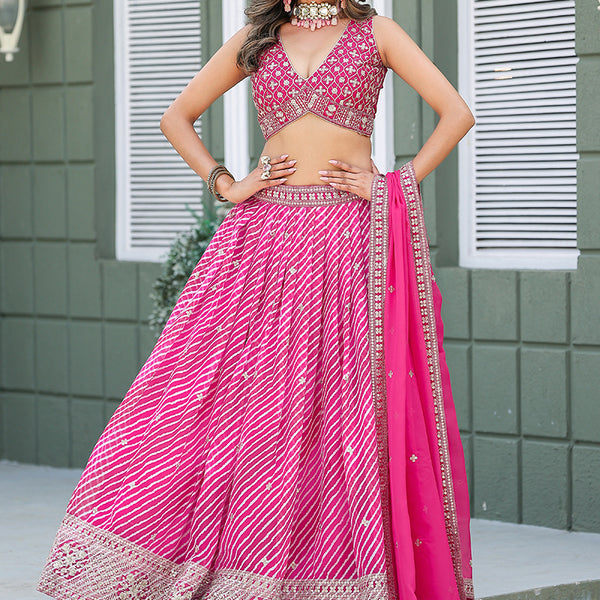 Monjolika Fashion Rani Pink Leheriya Print With Embroidered Faux Georgette Lehenga Choli