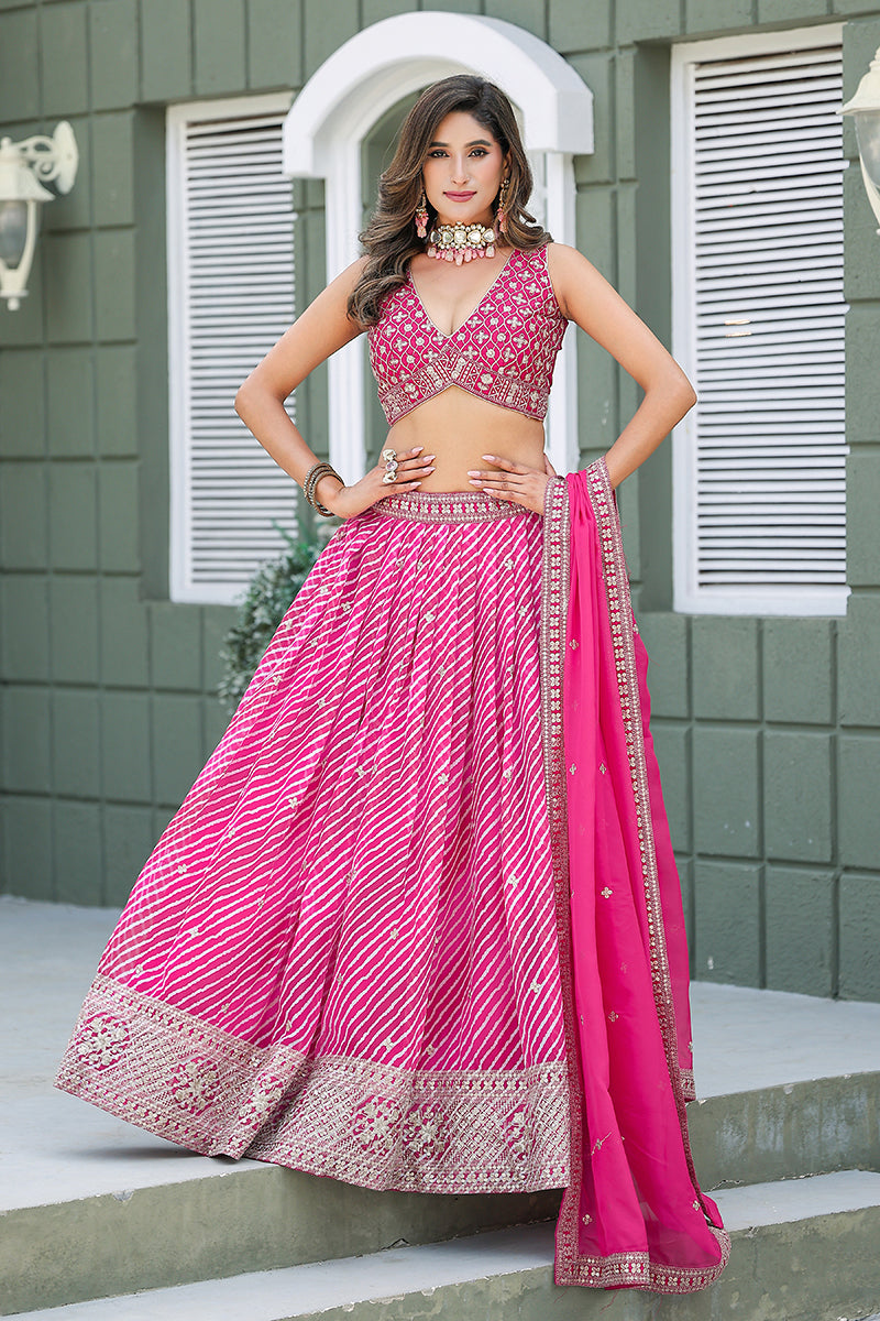 Monjolika Fashion Rani Pink Leheriya Print With Embroidered Faux Georgette Lehenga Choli