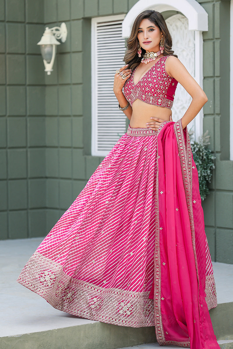 Monjolika Fashion Rani Pink Leheriya Print With Embroidered Faux Georgette Lehenga Choli
