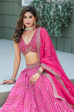 Thumbnail for Monjolika Fashion Rani Pink Leheriya Print With Embroidered Faux Georgette Lehenga Choli