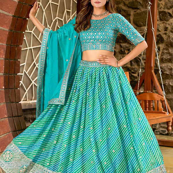 Monjolika Fashion Turquoise Leheriya Print With Embroidered Faux Georgette Lehenga Choli - Distacart