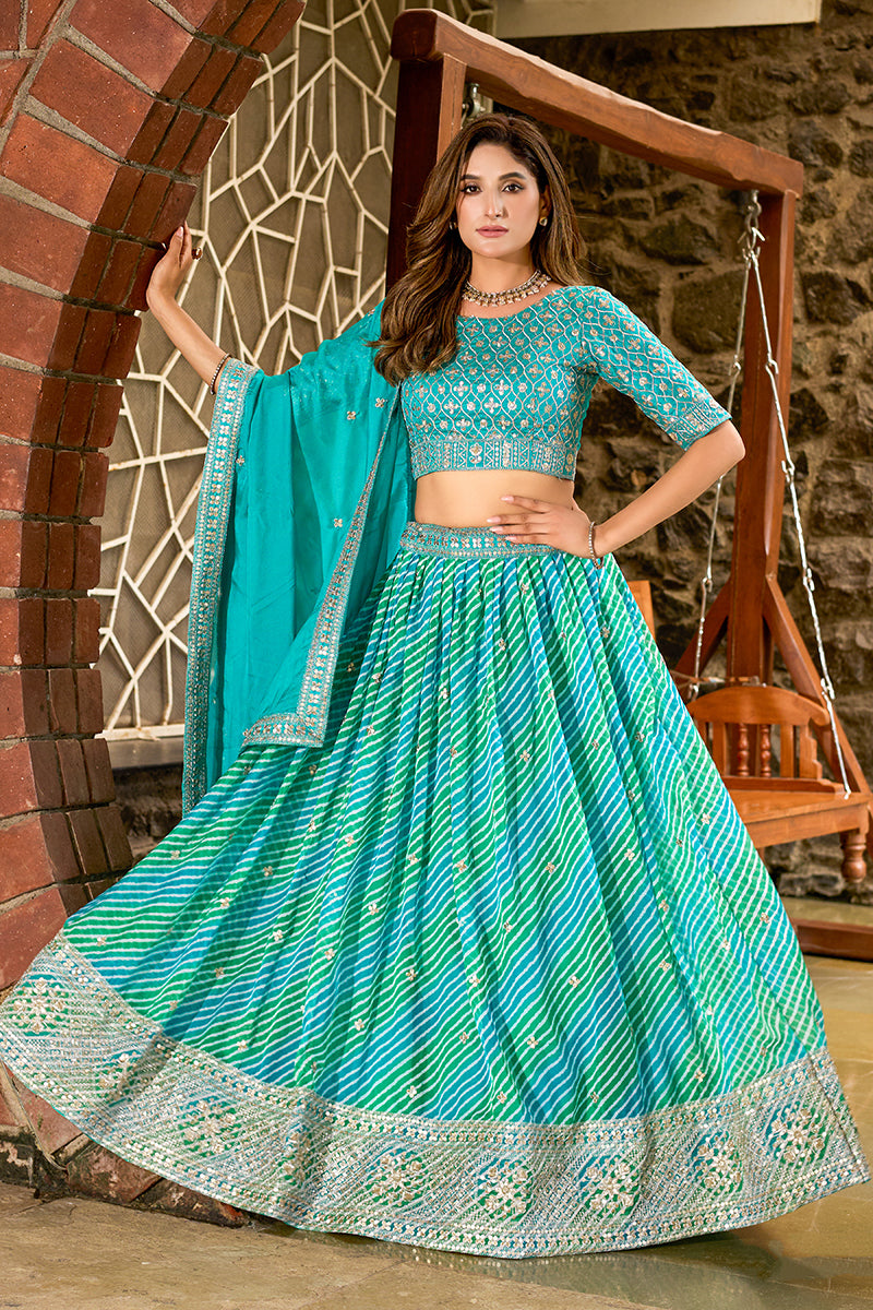 Monjolika Fashion Turquoise Leheriya Print With Embroidered Faux Georgette Lehenga Choli